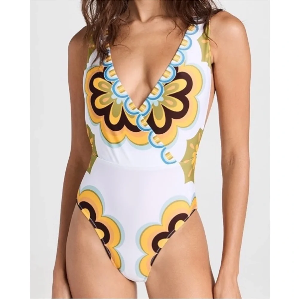 NWT. LA DoubleJ Retro Floral One-Piece Swimsuit - White/Yellow/Blue/Brown - Picture 1 of 5